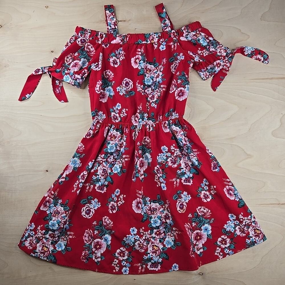 Lily Bleu Girls Off Shoulder Short Sleeve Red Floral Dress Size 10